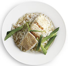 Steamed black cod with scallions and rice wine