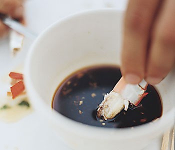 Steamed blue crabs with black ginger dipping sauce