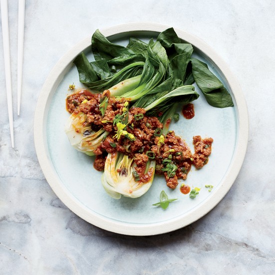 Steamed bok choy with mapo-style pork