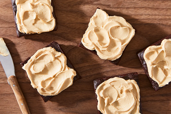 Steamed brownies with whipped peanut butter frosting