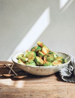 Steamed Brussels sprouts with "Cali" kosho