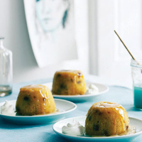 Steamed carrot pudding with cardamom lemon syrup