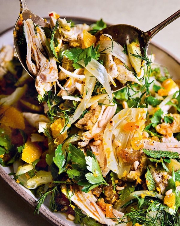 Steamed chicken and fennel salad with orange and olive
