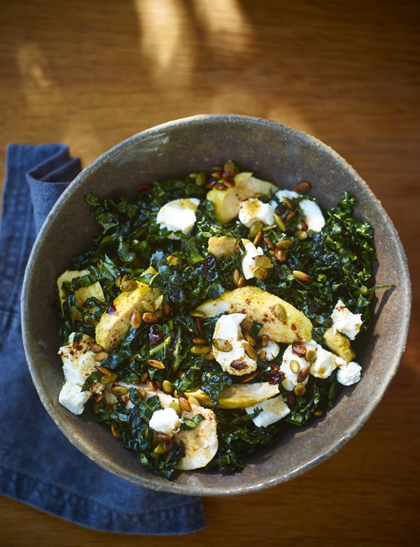 Steamed chicken salad with cavolo nero, goat's cheese and pumpkin seeds