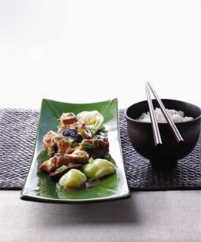 Steamed chicken with black mushrooms and bok choy