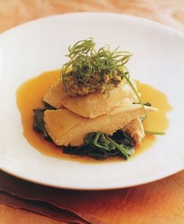 Steamed chicken with snowpea leaves and green garlic ginger relish