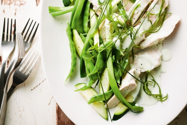 Steamed chicken with wasabi and greens