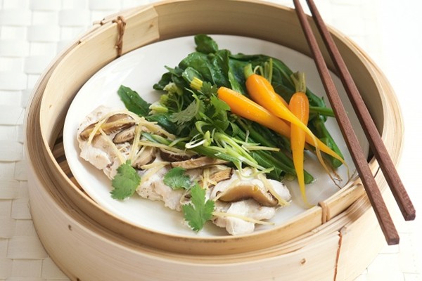 Steamed Chinese chicken with ginger and shiitakes