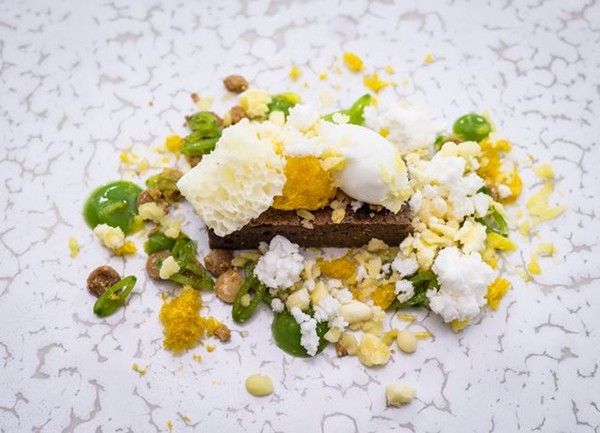 Steamed chocolate sponge, baked white chocolate, white chocolate aero and sugar snap salad