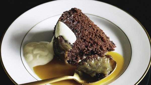 Steamed chocolate sponge pudding with caramel sauce
