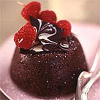Steamed chocolate sponge with brandy-soaked raisins