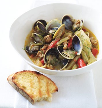 Steamed clams with spicy Italian sausage and fennel