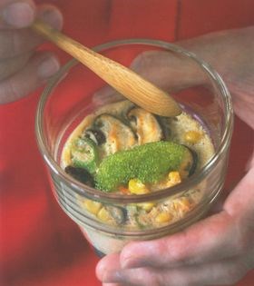 Steamed crab, shiitake, corn and coconut custard pots with wasabi tobikko