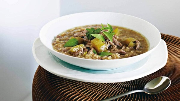 Steamed duck, cucumber and rice soup