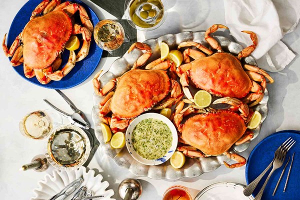 Steamed Dungeness crab with lemon-garlic butter