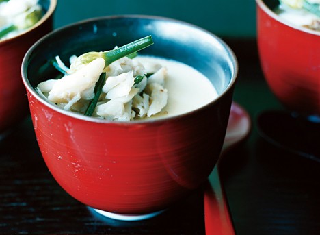 Steamed egg custard with blue crab and flowering chives