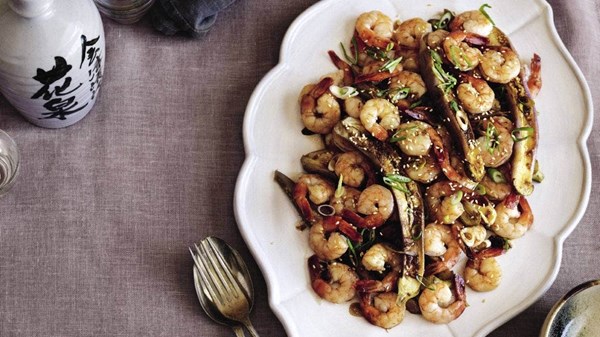 Steamed eggplant and prawns with Asian flavours