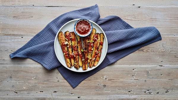 Steamed eggplant with tomato chilli sauce