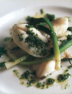 Steamed fillets of John Dory with baby leeks