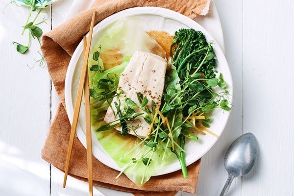 Steamed fish with ginger five spice broth