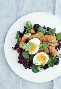 Steamed ginger tempeh and aubergine, black rice, eggs and goji berries