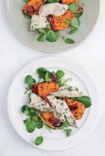 Steamed guinea fowl, spiced roast pumpkin and honeyed pecans
