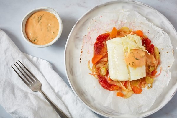  Steamed haddock with blood orange and basil Hollandaise