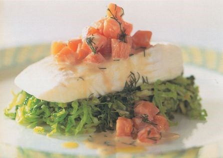 Steamed halibut and cabbage with a salmon gravadlax sauce