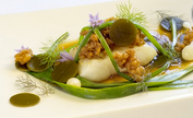Steamed halibut and rye crispies