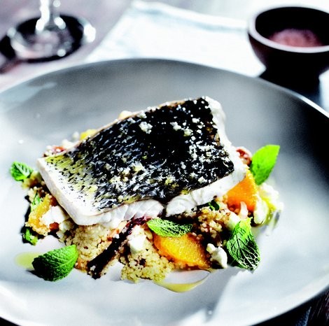 Steamed jewfish with orange, feta, date & mint couscous