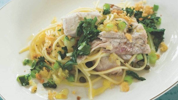 Steamed kahawai with silverbeet and spaghetti