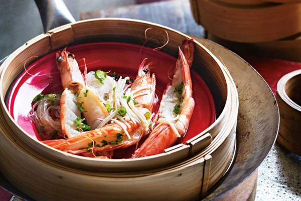 Steamed king prawns with glass noodles and white soy