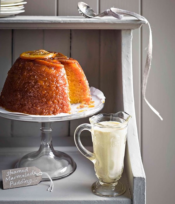 Steamed marmalade pudding with thick English custard 