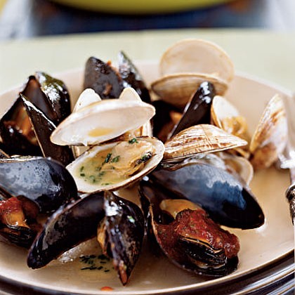 Steamed mussels and clams with two sauces