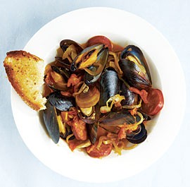 Steamed mussels with chorizo, smoked paprika, and garlicky croutons