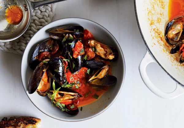 Steamed mussels with tomato and chorizo broth