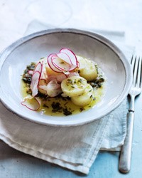 Steamed new potatoes with dandelion greens salsa verde