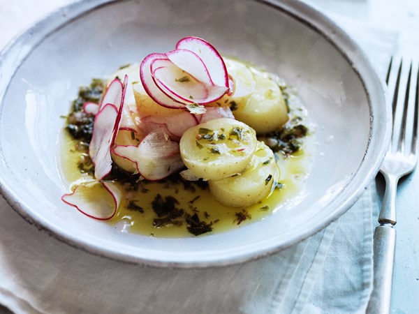 Steamed new potatoes with dandelion greens salsa verde [Daniel Patterson]