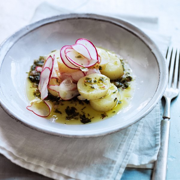 Steamed new potatoes with dandelion salsa verde [Daniel Patterson]
