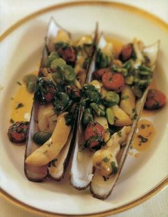 Steamed razor clams with chorizo & broad beans
