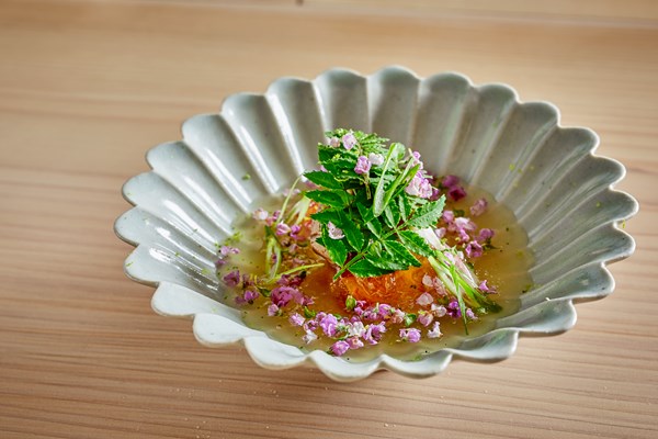 Steamed red mullet with ceps, ginan sauce and ponzu jelly