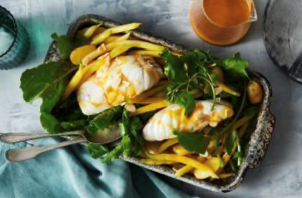 Steamed rock ling, butter beans and potato salad with orange-saffron dressing