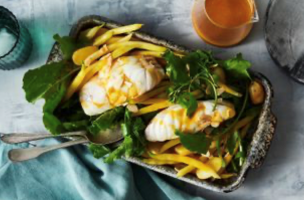 Steamed rock ling, butter beans and potato salad with orange-saffron dressing