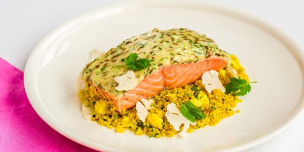 Steamed salmon with cauliflower and saffron couscous