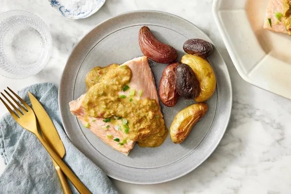 Steamed salmon with ginger, green garlic, potatoes & miso