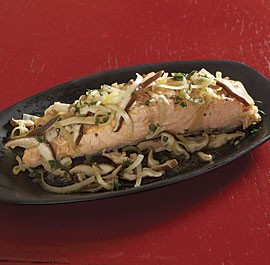 Steamed salmon with leeks, shiitake, and soy