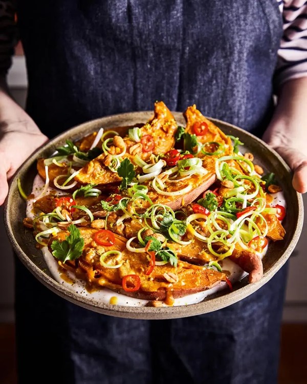 Steamed satay sweet potatoes with coconut yogurt 