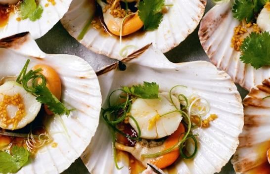 Steamed scallops in the shell with ginger, soy, sesame oil and spring onions