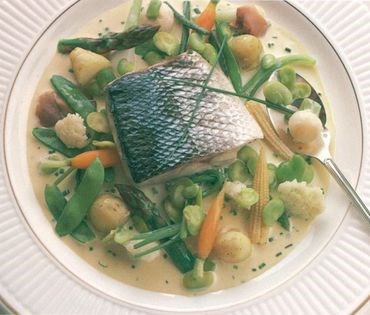 Steamed sea bass with baby vegetables [Shaun Hill]