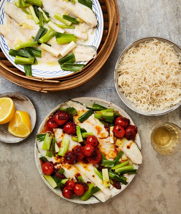 Steamed sea bass with cumin and tomato oil